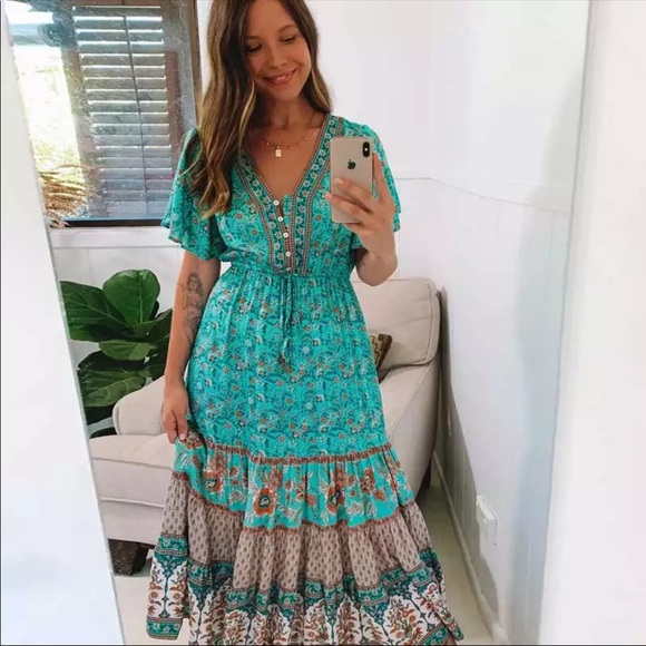 Boho Floral Gypsy Stripe Print Maxi Dress teal - Picture 3 of 16